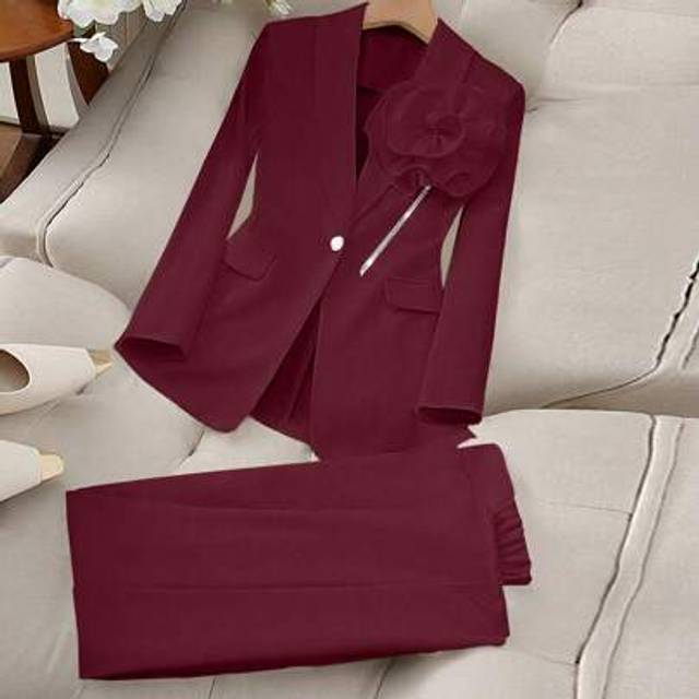 SHEIN Women Elegant Floral Decor Stand Collar Long Sleeve Top And Pants 2 Pieces Suit Set, Autumn For New Year Clothes