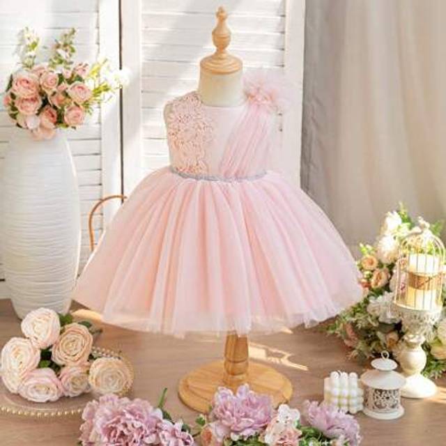 SHEIN Girls Floral Applique Princess Dress With Bow & Tulle, Elegant For Wedding, Birthday, Party, Suitable For Daily Wear, All Seasons