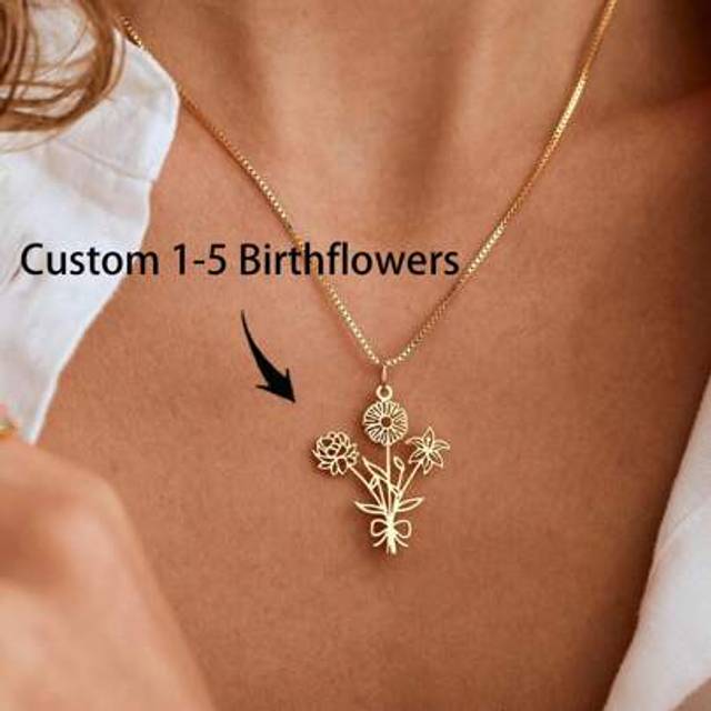 SHEIN Custom 1-5 Multiple Birthday Flowers Necklace, Floral Bouquet Birthflowers Necklace, Family Member Necklace For Mom, Birthday Gift For Her, Christmas