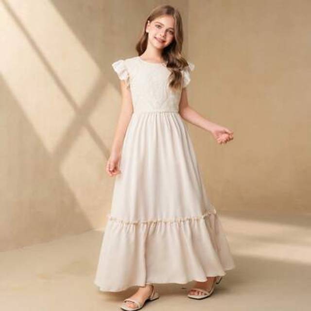 SHEIN Tween Girl Elegant Lace Dress, Bridal Shower Boho Style, Apricot