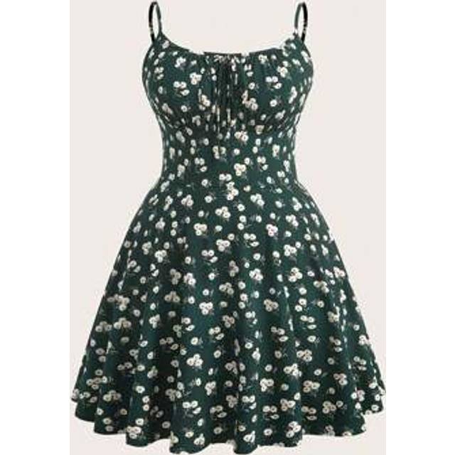 SHEIN Plus Size Summer Sexy Dark Green Ditsy Floral Print Spaghetti Strap Cami Mini Dress Milkmaid Dress