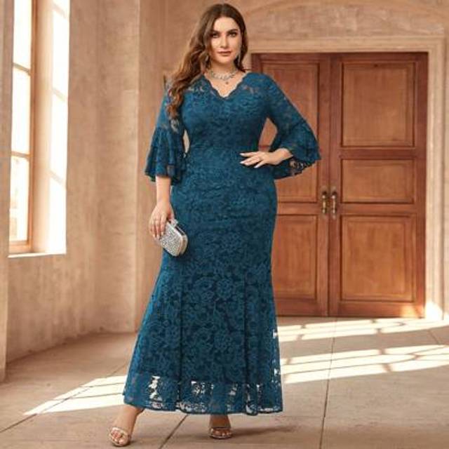 SHEIN Plus V-Neck Ruffle Sleeve Floral Lace Mermaid Hem Evening Party Long Dress, Wedding Guest Dress, Formal Dress, Gown