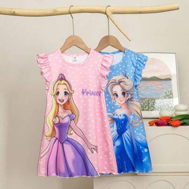 SHEIN 2pcs/Set Girls Casual Cap Sleeve Cap Sleeve Nightdress & Long Dress, Spring/Summer Home Wear Dress For Kids Girl Princess