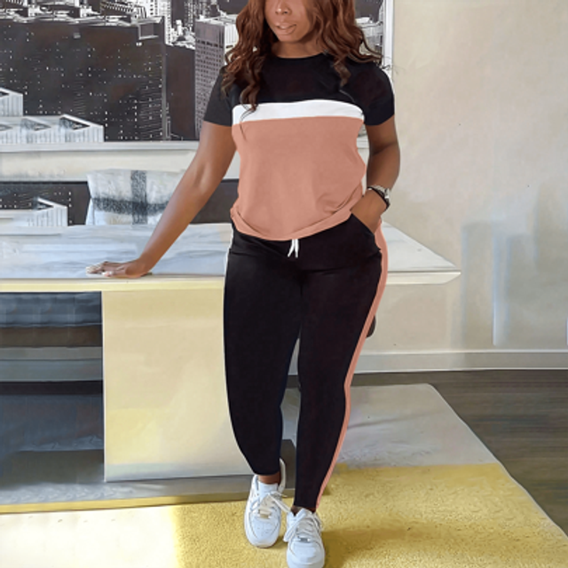 SHEIN Women&#39;s Casual Striped Crew Neck Short Sleeve Top And Pants 2 Pieces Set