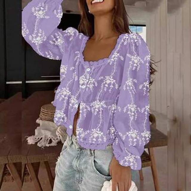 SHEIN Vintage See-Through Embroidered Lantern Sleeve Blouse For Women, Loose White Lace Button-Up Shirt, Autumn