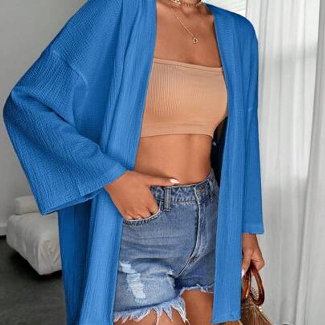 SHEIN Vacation Casual Solid Color Drop Shoulder Loose Kimono Cover Up
