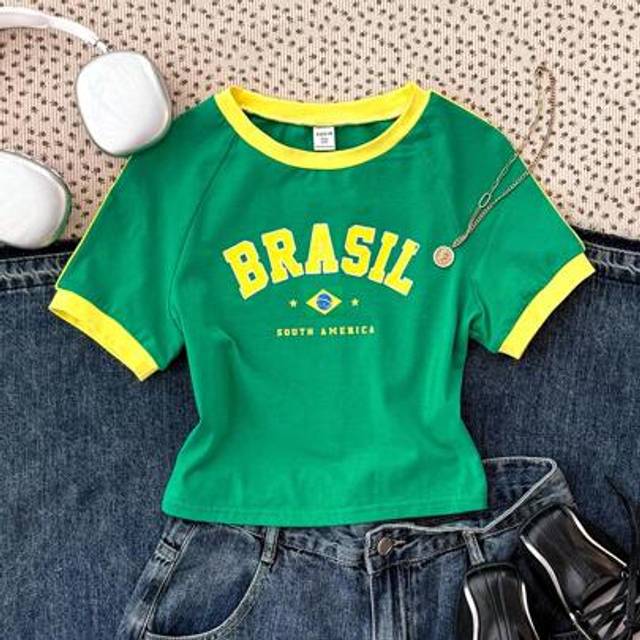 SHEIN Teen Girl Green & Yellow Contrasting Colors Knit Summer Short Sleeve Casual Versatile Personalized T-Shirt With Letter Print And Round Neckline, Back