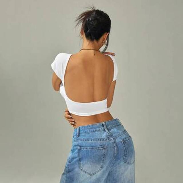 SHEIN Summer Casual Simple Solid Color High Crater Strip Rib Tight Round Neck Backless Short-Sleeved Women&#39;s T-Shirt