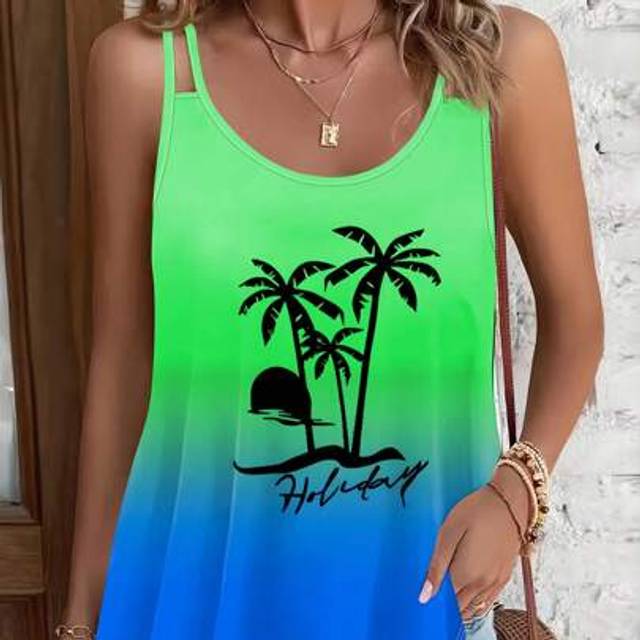 SHEIN Plus Size Women Casual Vacation Ombre Palm Tree & Letter Graphic Print Tank Top