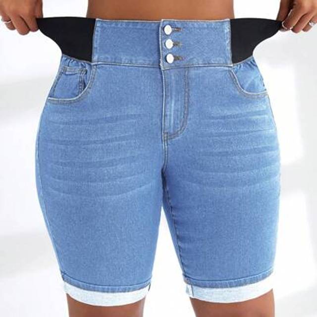 SHEIN Plus Size Front Button Contrast Color Pocket Denim Wide Leg Shorts With Elastic Waistband  Summer Outfits For Women Festival Outfits Casual Biker Shor