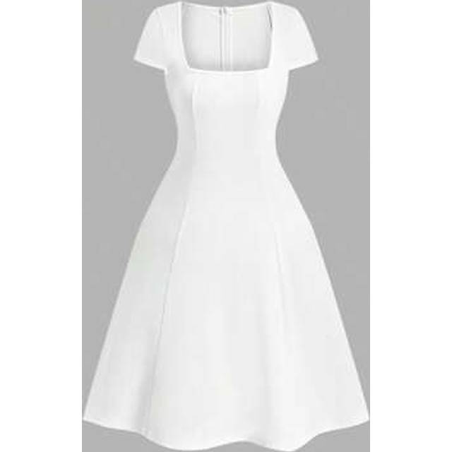 SHEIN Plus Size Women Square Collar Solid Color Elegant French Style Waist-Cinching Formal Dress