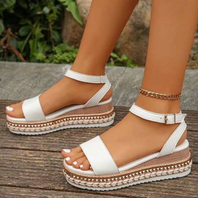 SHEIN Women&#39;s Rivet Decorated Ankle Strap One-Buckle Sandals, Elegant Resort Style Wedge Platform Thick-Soled High Heel White Wedge Pumps