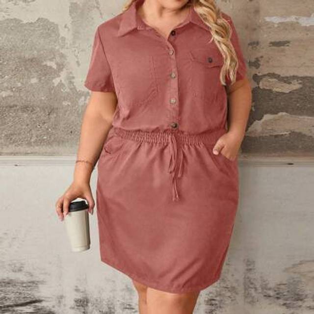 SHEIN Plus Size Women&#39;s Spring/Summer Military Green Cargo Shirt, Elastic Waist A-Line Short Dress, Casual/Work Half-Open Collared Short Sleeve Mini Dress