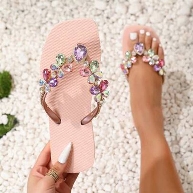 SHEIN [Summer New Arrival] Luxury Rhinestone Non-Slip Flip Flops, Crystal Rhinestone Beach Sandals, Waterproof Thong Slippers For Indoor And Outdoor Wear, F