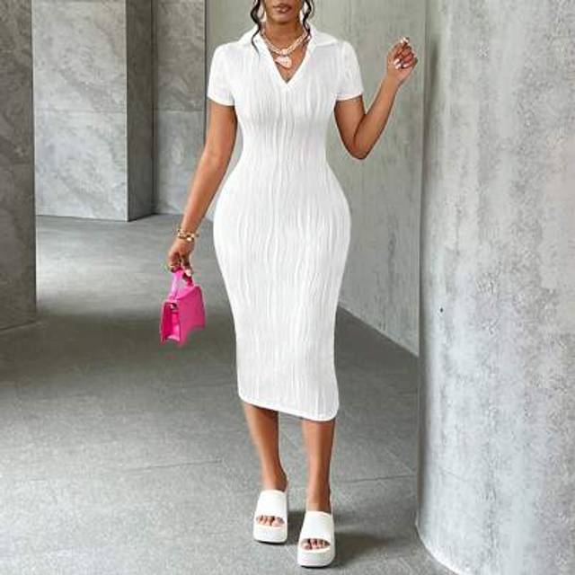 Slaydiva White Casual Elegant Simple Basic Model New V-Neck Short Sleeve Slim Long Dress, Women&#39;s White Wavy Knit Fabric Dress