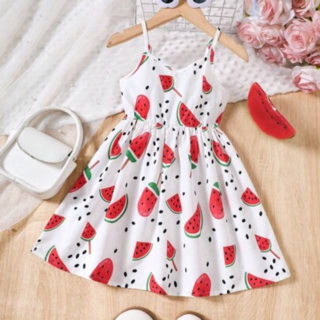 SHEIN Young Girls Watermelon Print Casual Sweet Sleeveless Dress, Spring/Summer