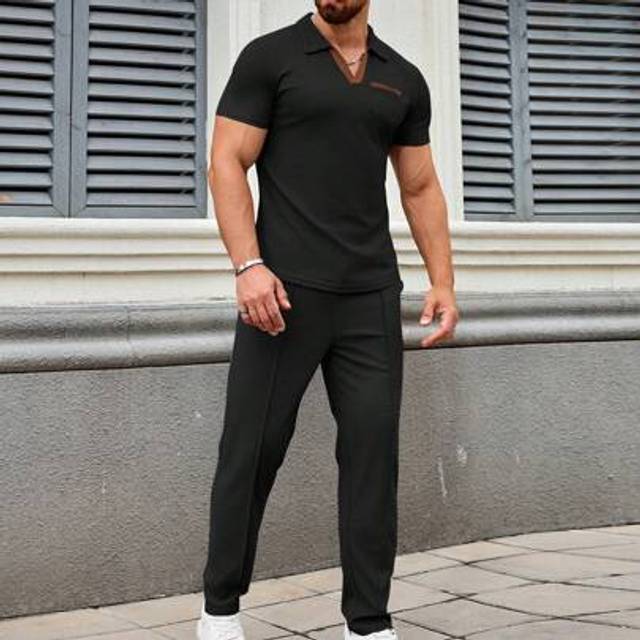 SHEIN Men&#39;S Casual Set Outdoor Versatile High End Men&#39;S Waffle Collar Short Sleeve Pocket Top Long Pants Solid Color Men&#39;S Set Two Pieces