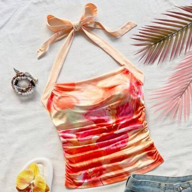 Soleia Spring-Summer Holiday Colorblock Floral Tie Dye Halter Neck Ruched Fitted Women Tank Top, Suitable For Dating, Afternoon Tea, Vacation, Music Festival