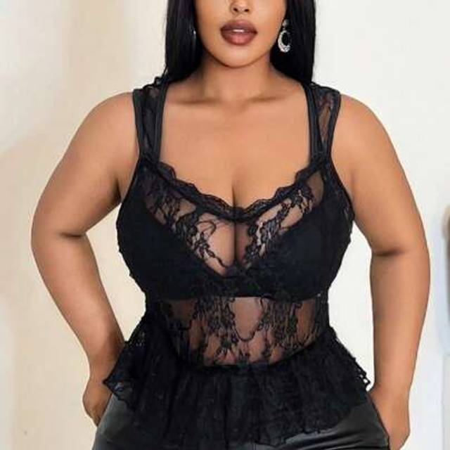 Maweii Plus Size Women Black Lace Cami Tank Top