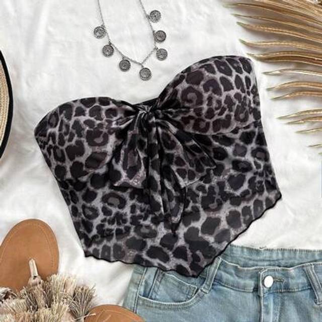 Soleia Women&#39;s Leopard Print Tie Front Tube Top Ruffle Hem Cropped Tank Top For Vacation,Fall&Winter Women Clothes,Homecoming/Thanksgiving Top,Concert/Party/