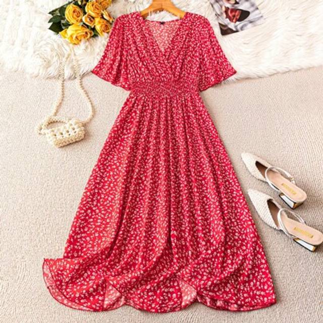 SHEIN Plus Size Women&#39;s Red Mini Ditsy Floral Short Sleeve Belted A-Line Dress, Summer