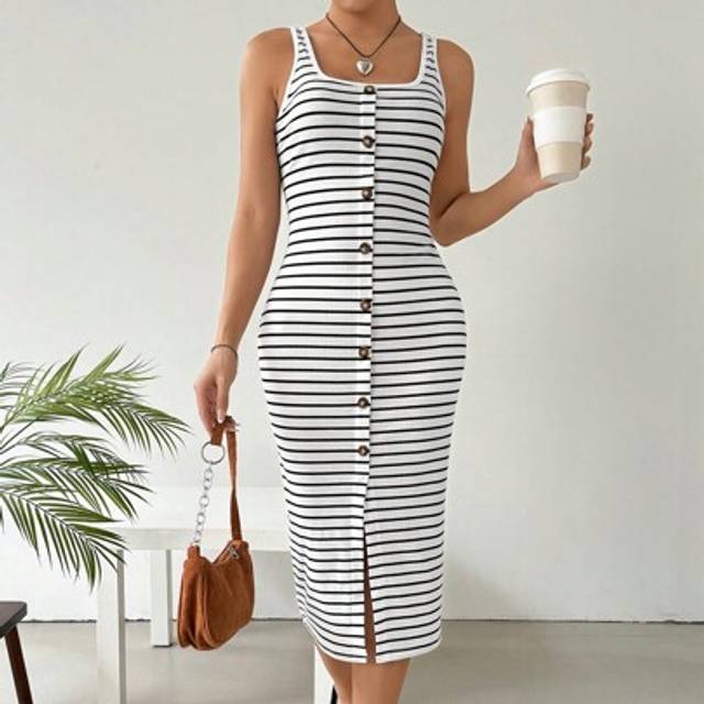 SHEIN Women&#39;s Striped Button Front Sleeveless Dress