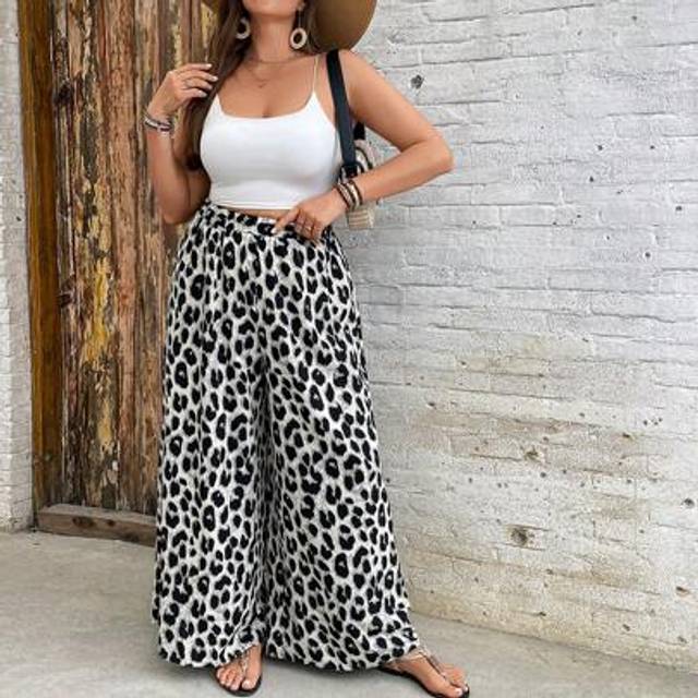 SHEIN Plus Size Leopard Print Loose Casual Palazzo Pants,Summer Pants