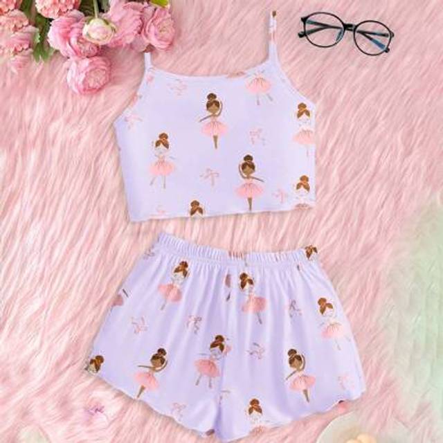 SHEIN Young Girls Casual Simple Camisole Top And Shorts Snug Fit Pajamas, Suitable For Summer