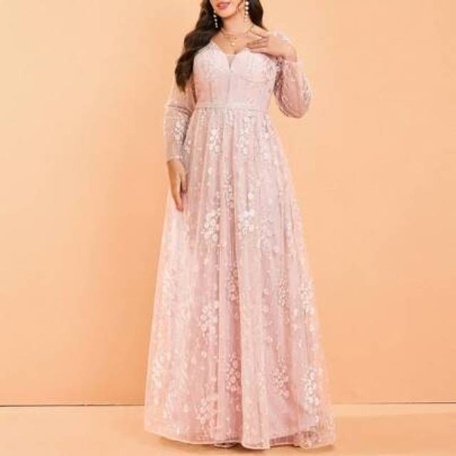 SHEIN Plus Size (Non-Positioned Flower) V-Neck Embroidered Lace Sheer Long Sleeve High-Low Hem Luxury Evening Gown, Bridesmaid Dress
