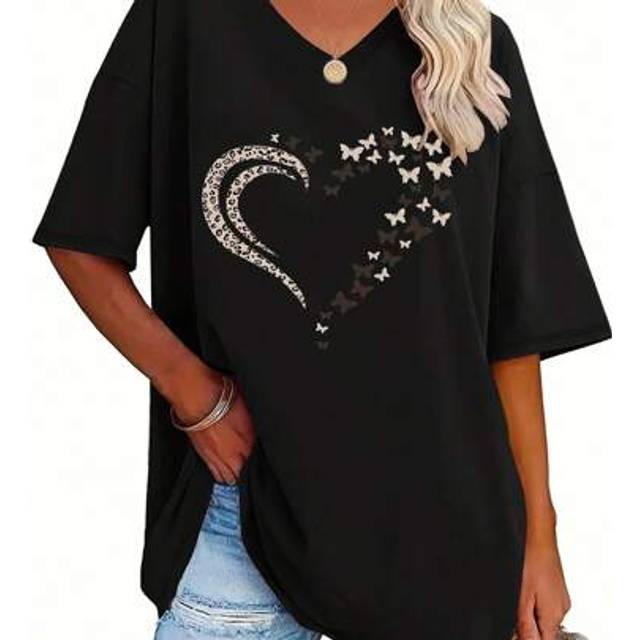 Luneh Popular Spring And Summer Women&#39;S V-Neck Short-Sleeve Loose Heart T-Shirt Top From Europe And America.