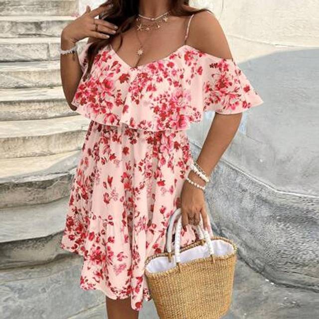 SHEIN Plus Size Floral Print Strappy Open Shoulder Short Sleeve Dress, For Vacation,Beach Dress Sundress,Holiday Outfits Boho