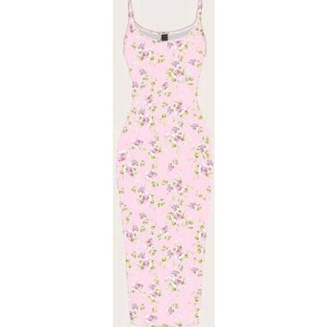 SHEIN Casual Minimalist Full Coverage Pink Ditsy Floral Bodycon Slip Dress, Suitable For Summer And Vacation,Bodycon Dress