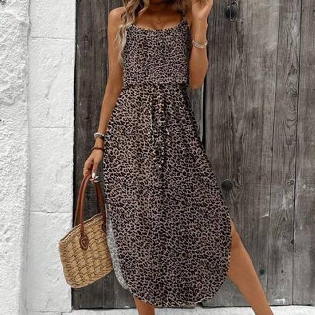 Luneh Women&#39;s Stripe & Leopard Print Music Festival Summer Breathable Tie-Dye Ruched Empire Waist Slit Cami Dress, Suitable For Summer,Bohemia,Summer Dresse