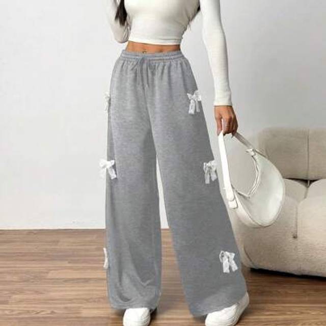 SHEIN Teen Girls Black Casual Knit Wide Leg Pants With White Lace Bow Decoration, Front Waist Band, Relaxed Fit, Gift For Valentine&#39;s Day, Friends Or Self,H