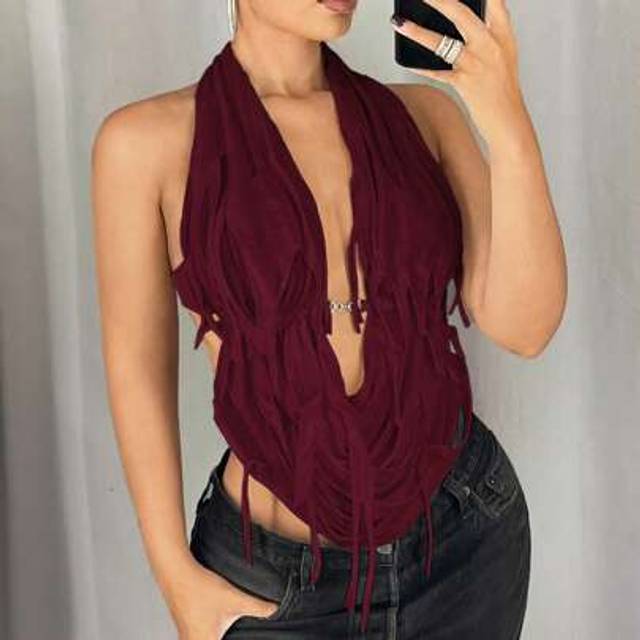 SHEIN Slim-Fit Laser Cut Distressed Fabric Halter Neck Metal Chain Decor Backless Tank Top For Women