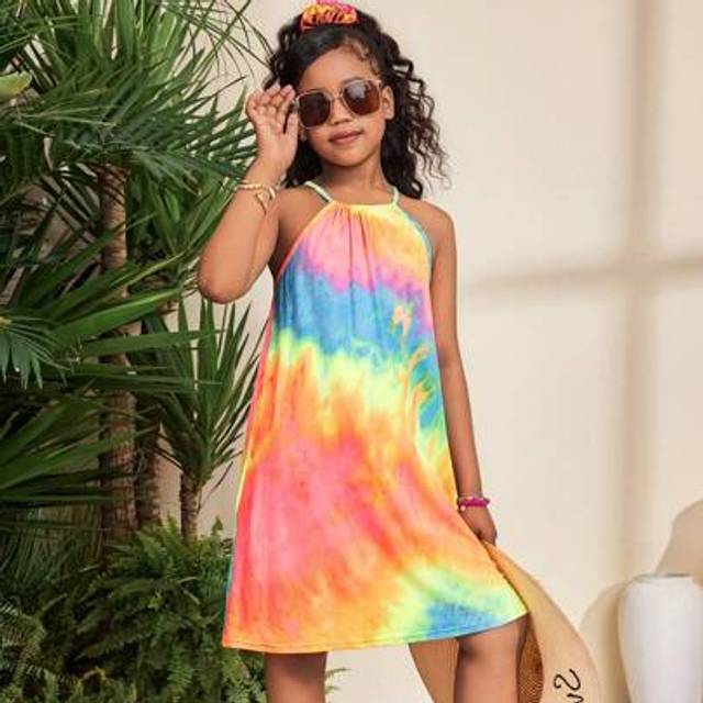 SHEIN Tween Girls Casual Holiday Tie Dye Loose Racerback A-Line Knit Sleeveless Dress