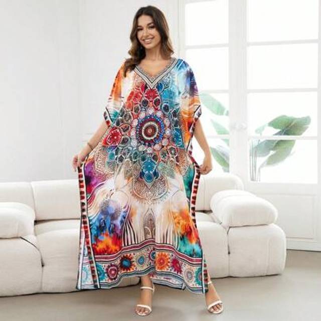 SHEIN Bohemian Printed Dress Casual Home V-Neck Short Sleeve Dresses House Dress Kaftan