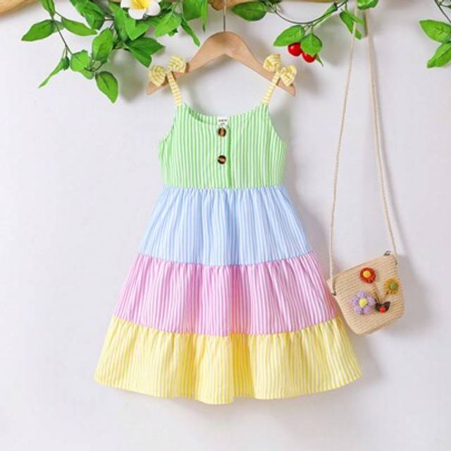 SHEIN Young Girl Casual Simplified Patchwork Striped Slip Dress, Cake Design, Summer