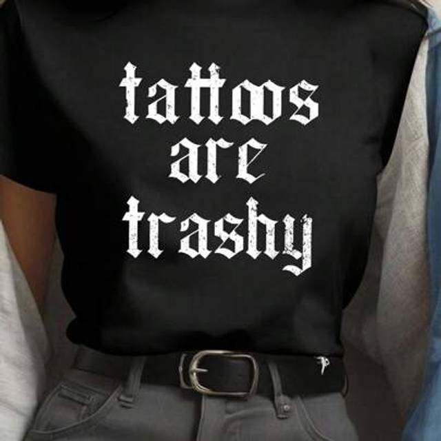 SHEIN Women&#39;s &#34;Tattoos Are Trashy&#34; Graphic Casual Round Neck T-Shirt, Funny Adult Short Sleeve Tee, Fun Gift, Spring/Summer Relaxed Fit Crew Neck Shirt