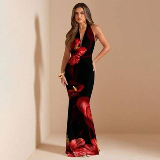 SHEIN Women&#39;s Elegant Halter Neck Sleeveless Knitted Maxi Dress With Floral Print And Mermaid Hem