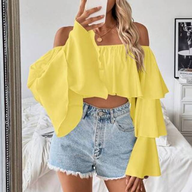 Calvaya 1pc Women&#39;s Open Shoulder Ruffled Collar Long Sleeve Blouse Off The Shoulder Top
