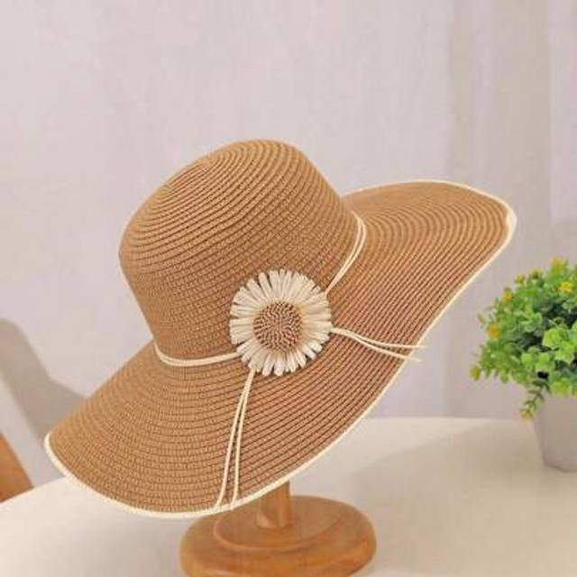 SHEIN 1pc Women&#39;s Straw Woven Sunflower Decor Casual Vacation Sun Hat