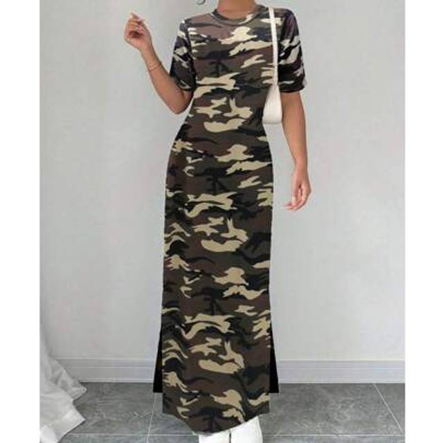 SHEIN Independence Day & Graduation Camouflage Print Sexy Split Short Sleeve Waist Cinched Dress, Women Summer Fashion Casual Slim Fit Dress, Elegant Holida