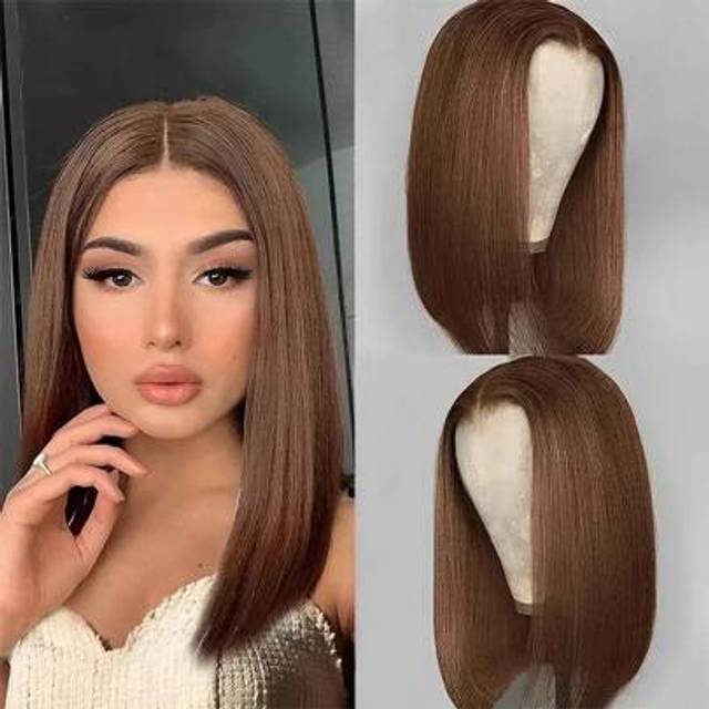 SHEIN Brazilian Remy Hair 4# Chocolate Brown Straight Short Bob Wigs Human Hair Honey Brown 13x4 Transparent Lace Front Human Hair Wig 180% Density