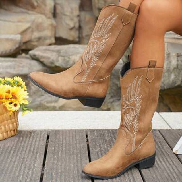 SHEIN Women Vintage American Embroidered Faux Suede High Boots, Maillard Brown High Chunky Heel Riding Boots, Fashionable Punk Style Chelsea Boots