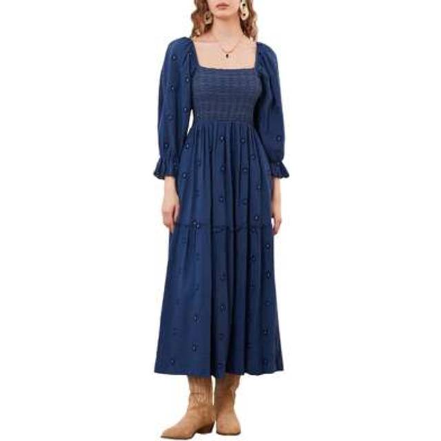 SHEIN Women Summer Casual Long Dress 3D Embroidered Flowers Square Neck Puff Sleeve Dress Fashion Backless A-Line Dress