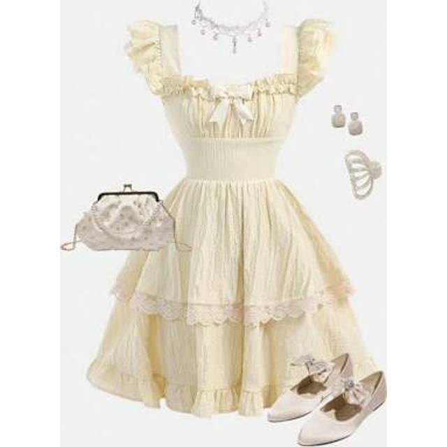SHEIN Tween Girl Solid Apricot Lace Trim Layered Hem Backless Tie Front Sundress, Girls Casual Vacation Beach Holiday Family Outdoor Spring Picnic Everyday