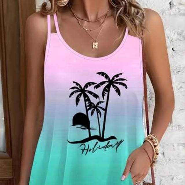 SHEIN Plus Size Women&#39;s Casual Gradual Ombre Palm Tree & Letter Graphic Print Tank Top, Holiday Style