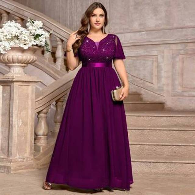 SHEIN Plus Deep V-Neck Sequin Lace Ruffle Mesh Sleeve Contrast Chiffon Formal Party Long Dress