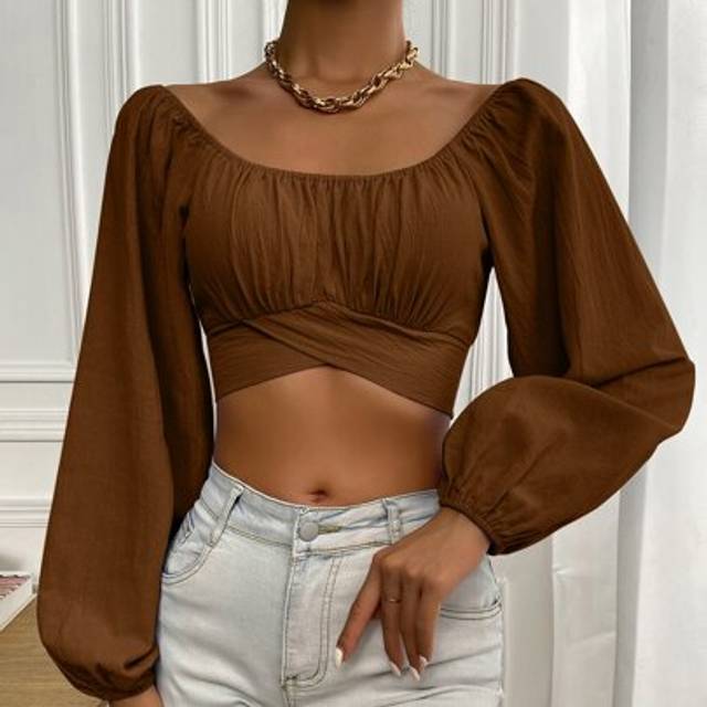Chiquease Ruched Knot Back Crop Milkmaid Blouse Fall Cloth For Women
